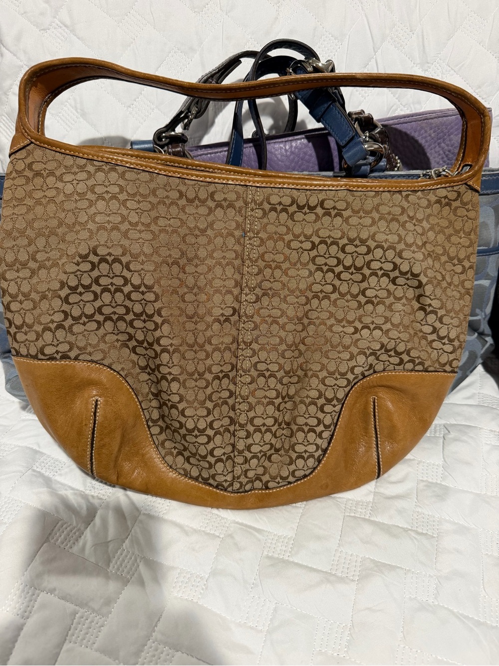 Coach Brown Signature Canvas Shoulder Bag with Tan Leather Trim